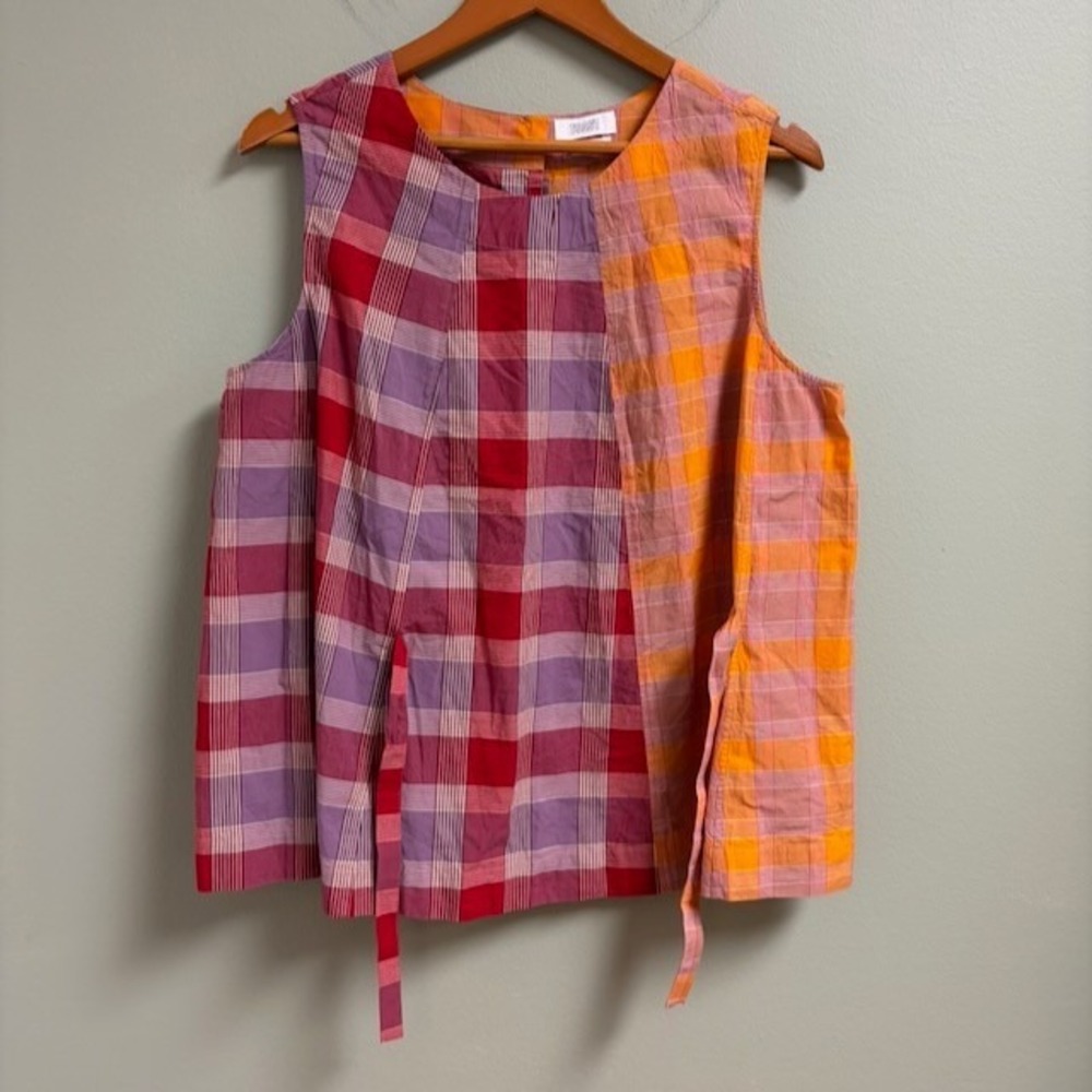 Toast Colorblock Patchwork Check Top Sleeveless Cotton Side Tie US Size 10* Boho